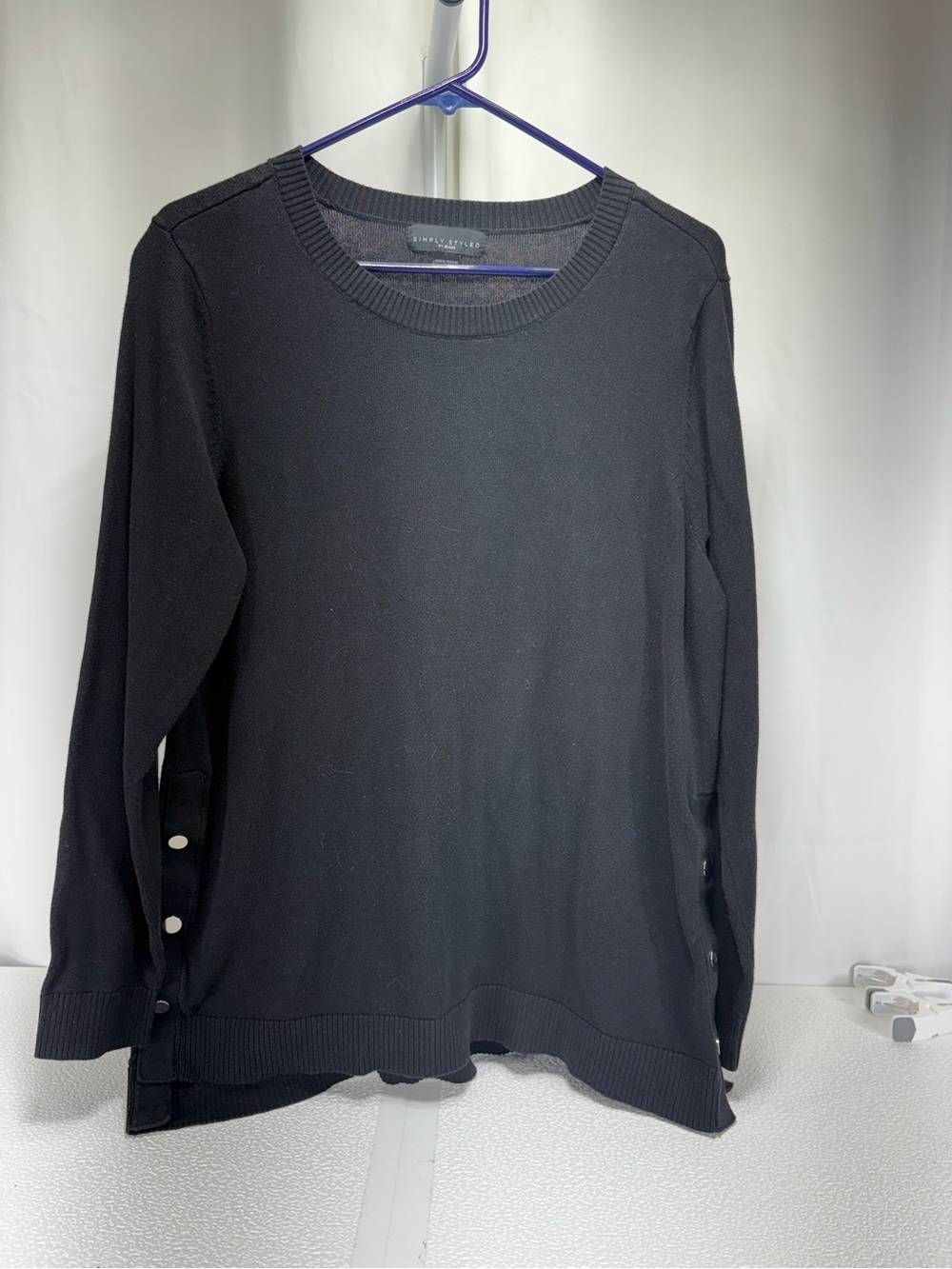 Simply Styled Black Crewneck Sweater with Side Button Accents 4626